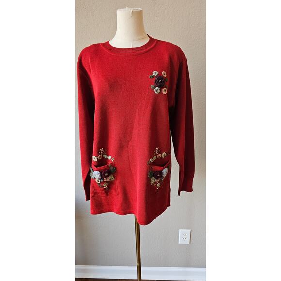 Vintage Autumn Creations Bead Embroidered Floral Pullover Sweater Women Sz L Red - Picture 2 of 7